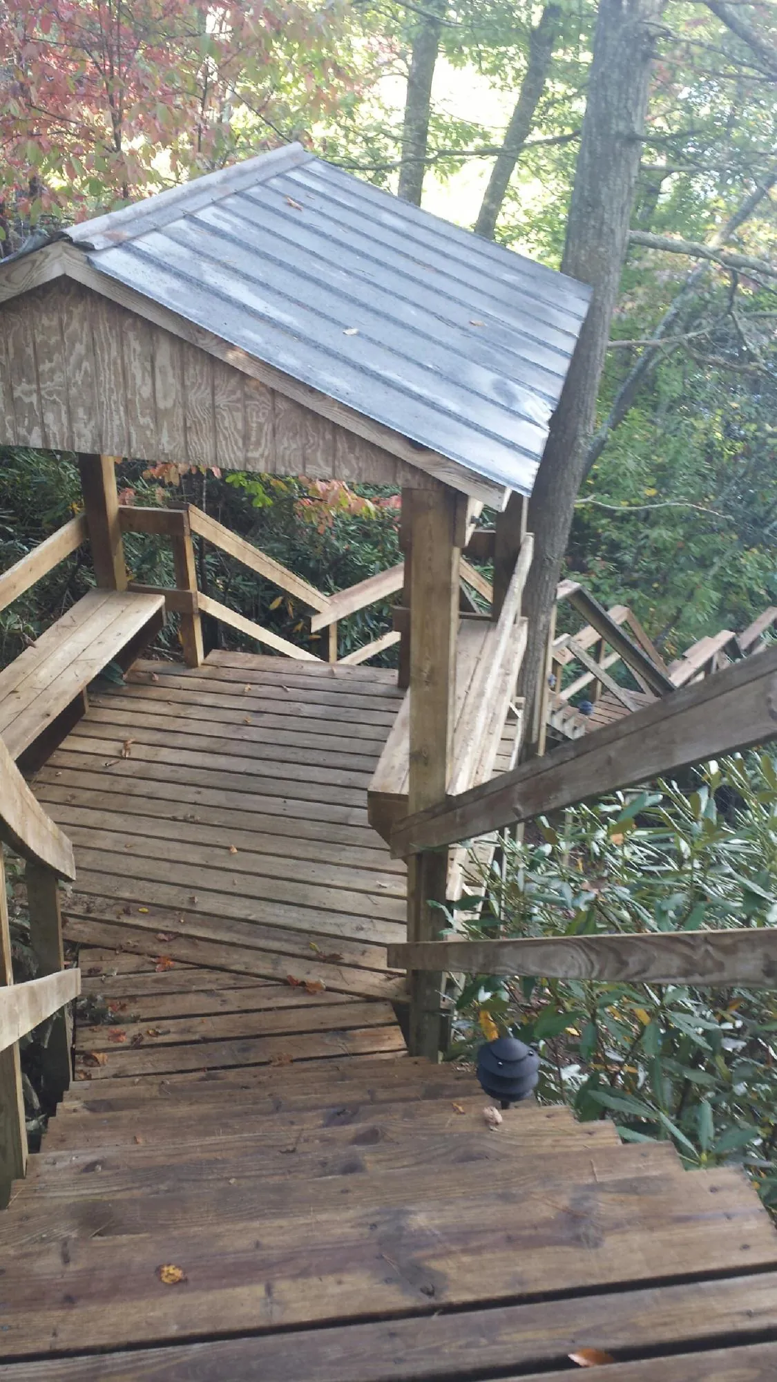 Metal roofed shelter over wooden steps on a wooded walkway — Skylight Repair & Installation work by our crew in Coon Rapids
